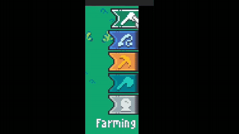 A vertical menu with icons and banners related to farming activities is displayed, with a green background.