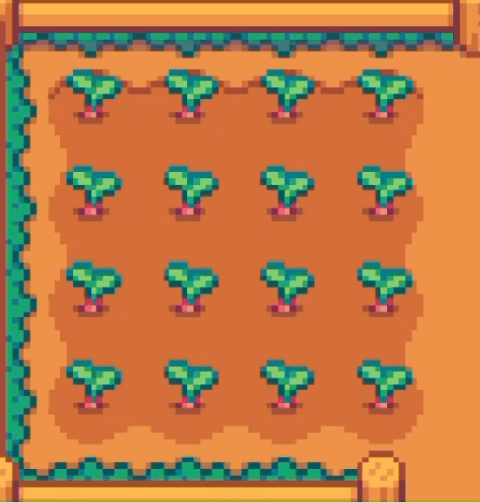 A small patch of tilled soil contains young sprouting crops arranged in a grid pattern, bordered by a wooden fence. They wiggle.