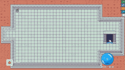 A pixel art-style dungeon room features a grid floor, a single pop-up creature, and an entrance with a blue blob character.