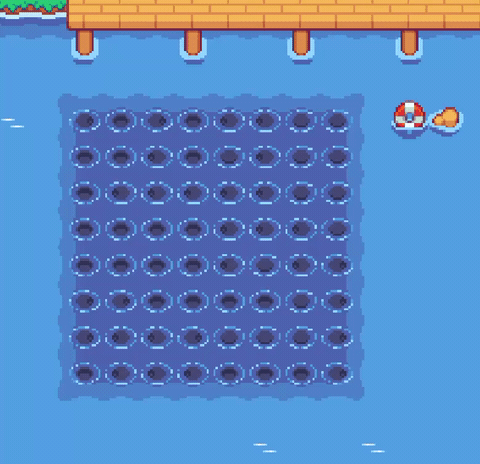 A pixel art scene features a wooden dock above a body of water with a grid of dark circles suggesting holes, accompanied by a bobbing red and white buoy.