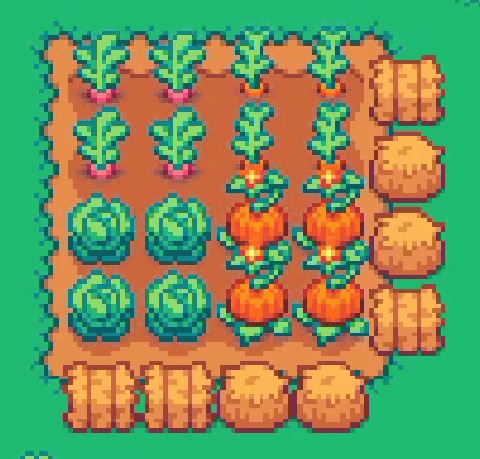 A pixel art garden plot contains rows of carrots, cabbages, and pumpkins surrounded by hay bales. A white border slowly flashes.