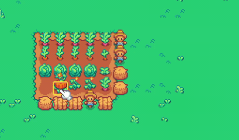 A pixel art scene shows a small farm plot with various crops, four characters, and hay bales on a green background.