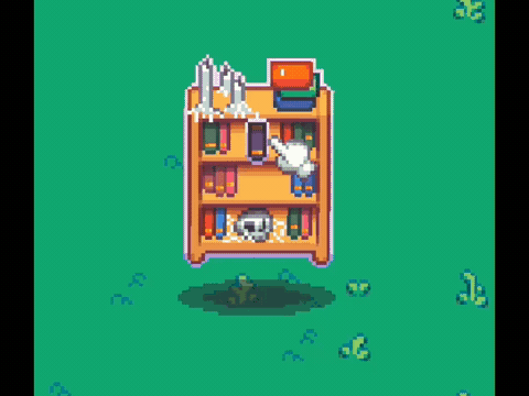A pixel art bookshelf is surrounded by green grass, containing books, a computer, and a human skull, with cobwebs on the top.