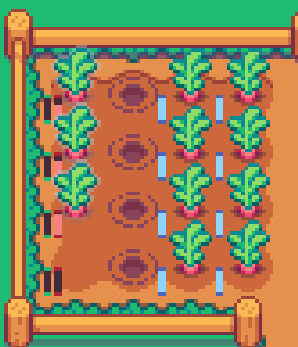 A pixel-art farm of radish crops in rows; planted plots show a thin light-blue meter filling beside them as they passively generate coins, while the center column sits as freshly tilled empty holes.