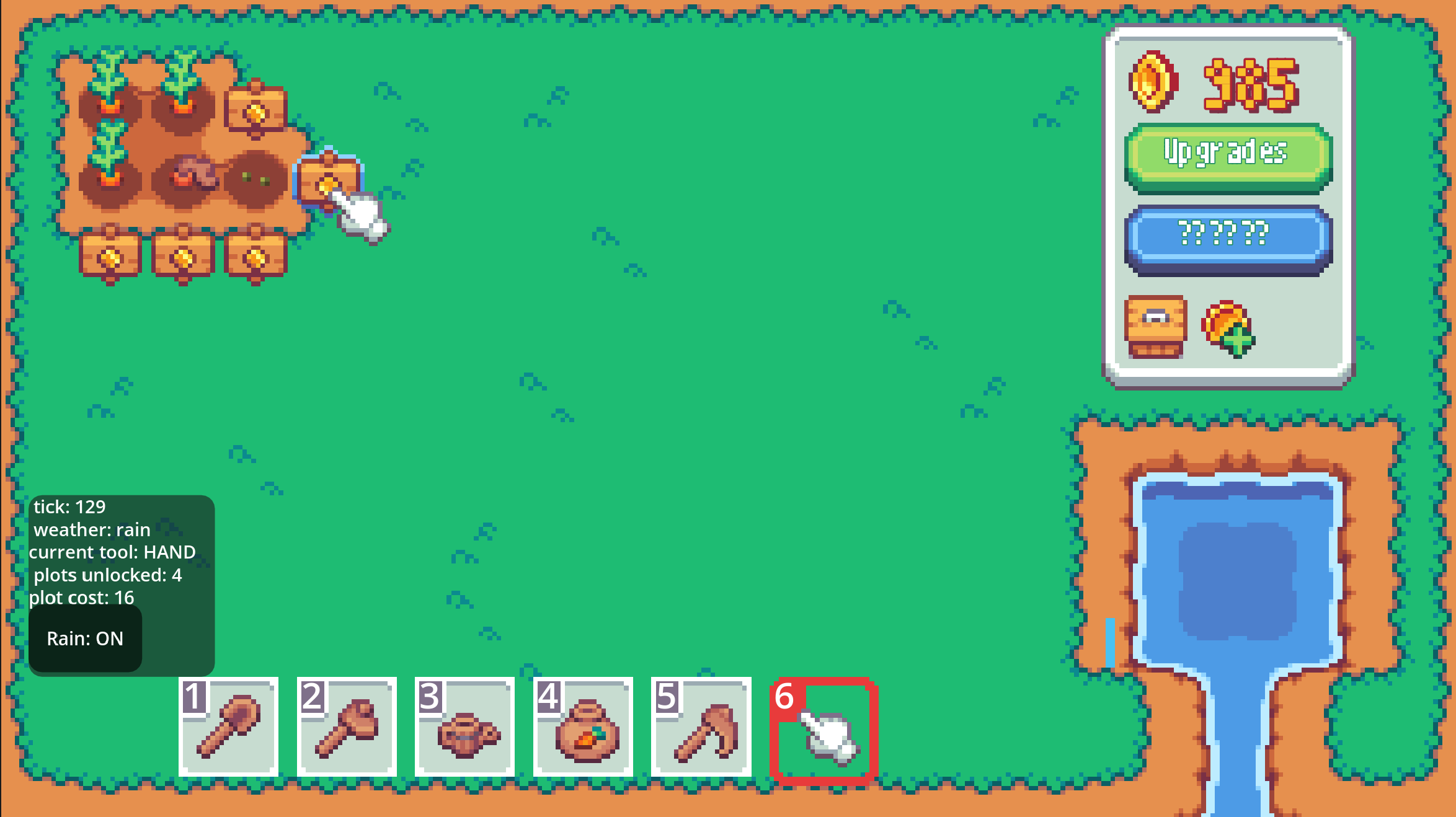 A pixel art-style farming game screen shows a small farm area with various crops, a pond, and different tool icons at the bottom.
