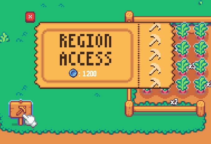 A large “REGION ACCESS” ticket popup priced at 1200 coins, its perforated stub stamped with pickaxe icons, triggered by clicking a pickaxe signpost at the edge of the farm.