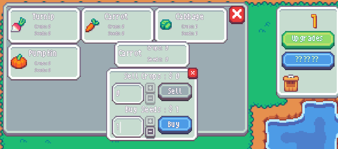 A pixelated game interface displays inventory management for seeds and crops, including turnip, carrot, cabbage, and pumpkin, alongside options to sell or buy seeds and view upgrades.