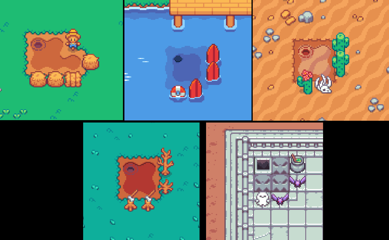 A series of five pixel art scenes depict different environments, including a farm, water area, desert, grassy field, and dungeon-like setting, each containing a distinct central patch of soil.