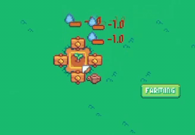A pixel art game depicts a plant surrounded by irrigation systems and farming tools with a FARMING button on the side.