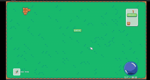 A pixel art game screen features a small character in the top-left, an inventory panel on the right, and a large blue button on the bottom-right.