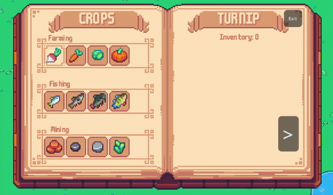 A pixel art style game interface shows a farming, fishing, and mining inventory in an open book with a focus on crops and an empty turnip inventory.
