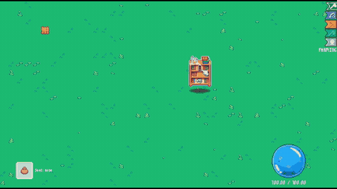 A pixel art-style game features a bookshelf on a grassy field with various interface elements, including controls for speed and volume.